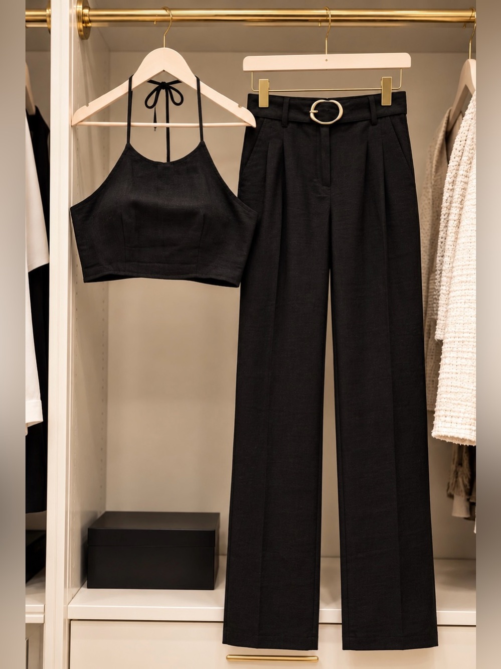 Black two-piece set, elegant and modern.